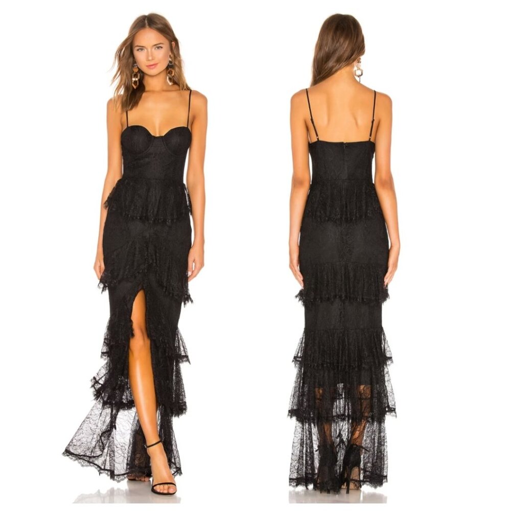 New Majorelle Zelda Fitz Black Lace Tiered Maxi Gown Dress Size Medium